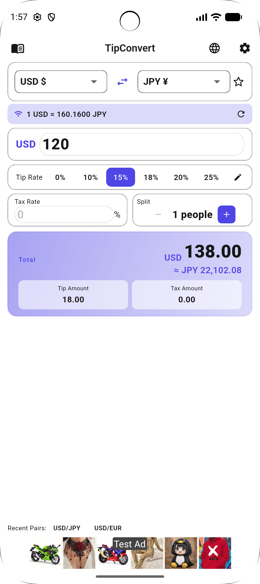 TipConvert App Screenshot — real interface